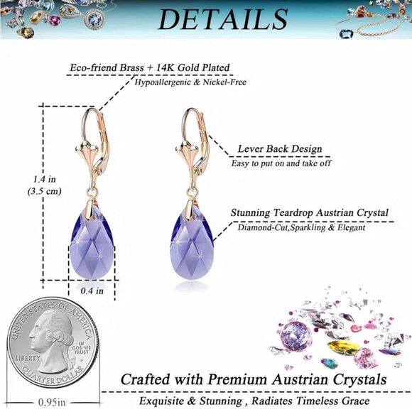 14K Yellow Gold with Tanzanite Austrian Crystal Teardrop Leverback Drop Earrings - Picture 5 of 5